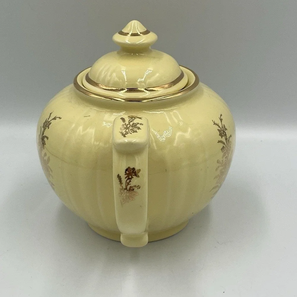 Vintage Pearl China Teapot Yellow with Lid 22K Trim And Flowers 5.5